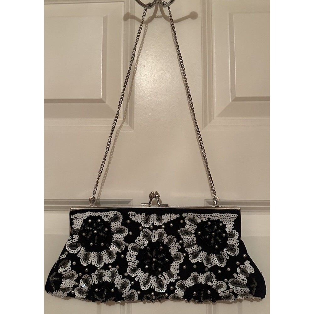 WHBM White House Black Market Sequin Evening Hinged Purse Clutch Chain Strap